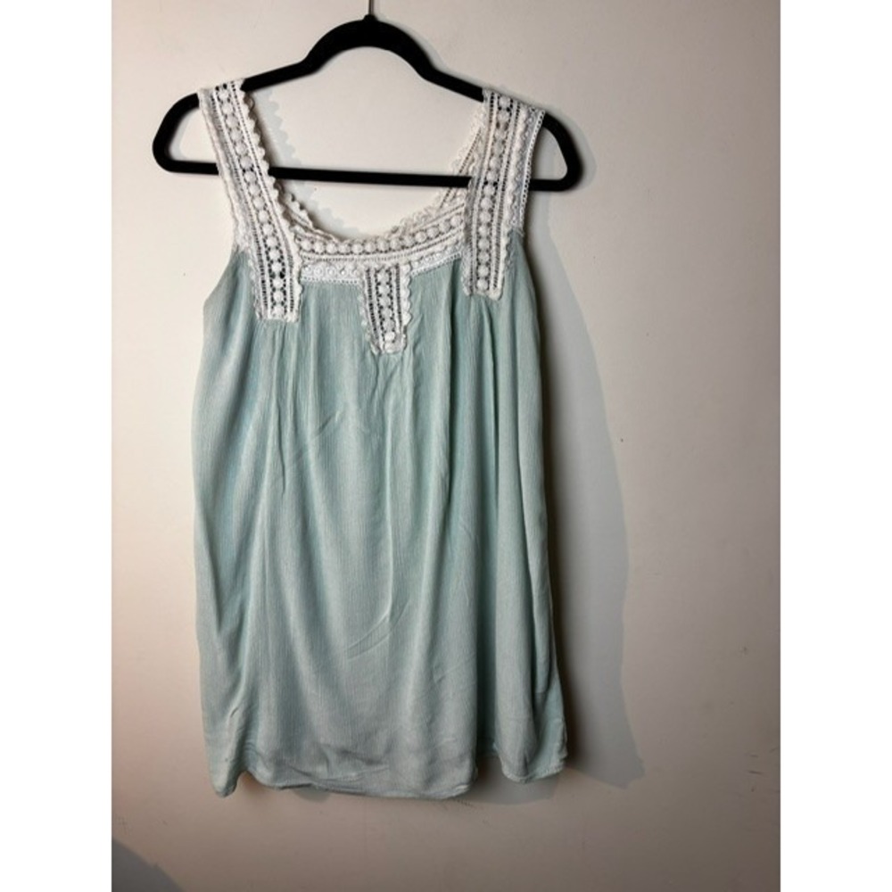 Womens S Pink Blush Tunic Tank Top Light Green Lace Neck Crinkle Sleeveless